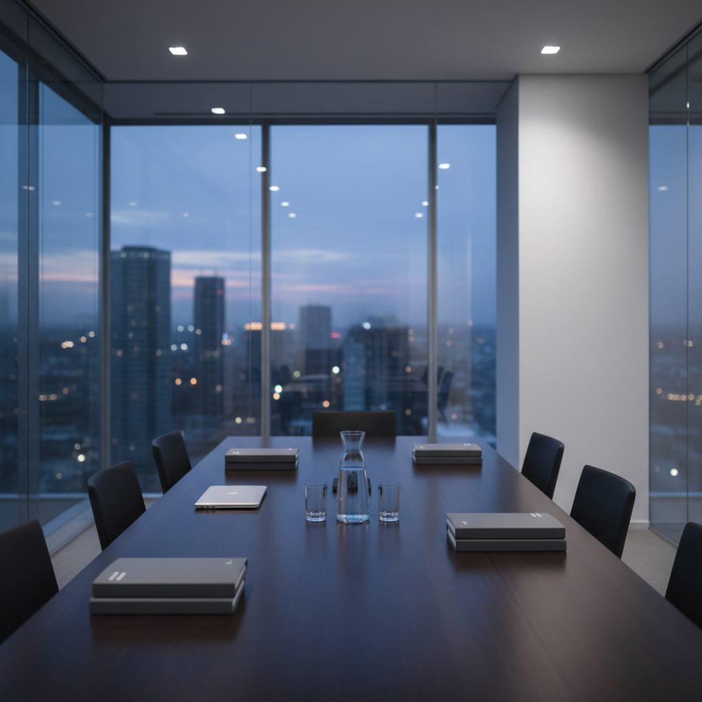A sleek, glass-walled corporate conference room in a high-rise at dusk, centered on a long, dark walnut table with a refined matte finish. On the table rest neatly arranged legal binders, a closed silver laptop, and a single blue-glass carafe of water with matching tumblers, all meticulously aligned. Floor-to-ceiling windows reveal a softly blurred city skyline. Cool, diffused evening light mixes with discreet recessed ceiling lights, creating gentle reflections on the table surface. Photographic realism, shot from a slightly elevated, wide-angle perspective with sharp focus throughout, conveying a modern, trustworthy, and highly professional law firm environment. The far wall is clean and uncluttered, left visually open as an empty content area for future editing.